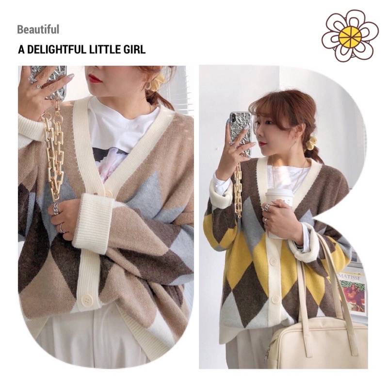 Áo khoác Cardigan len hoạ tiết trám phối màu, Áo khoác len dáng dài trùm mông(kèm ảnh/video shop chụp)