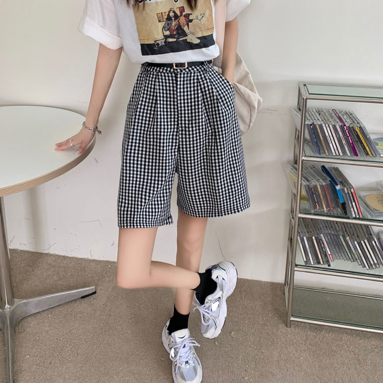 Quần Short Nữ Lưng Cao Sọc Ca Rô Xinh Xắn