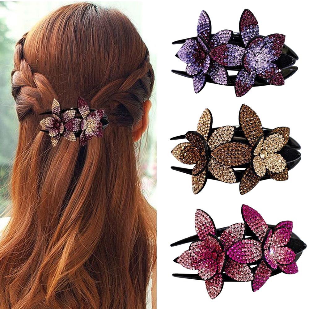 New Fashion Double Flower Hair Clips Grips Pins Slide Crystal Hair Claw Hair Accessories Female