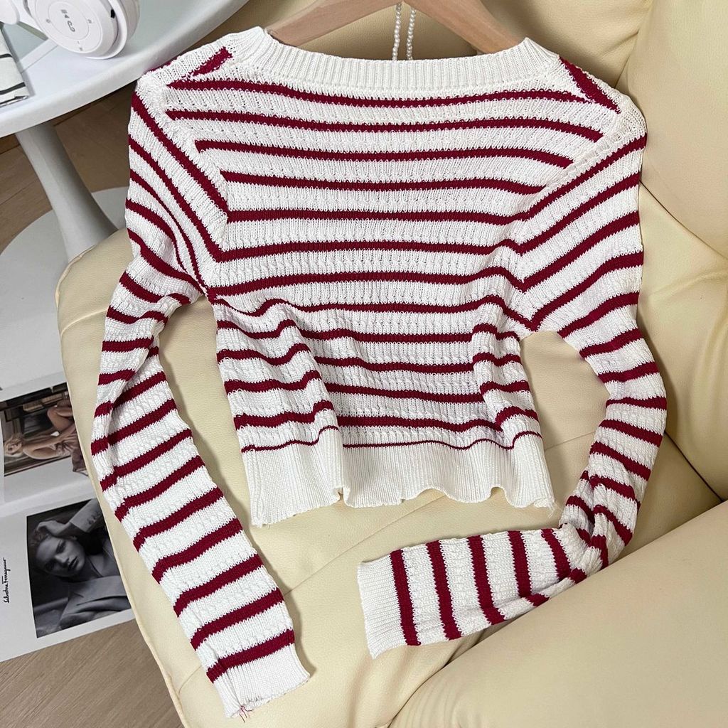 Áo Dệt Kim Mỏng Cổ Tròn Dáng Ôm Họa Tiết Kẻ Sọc Phong Cách retro Thời Trang Mùa Thu Mới