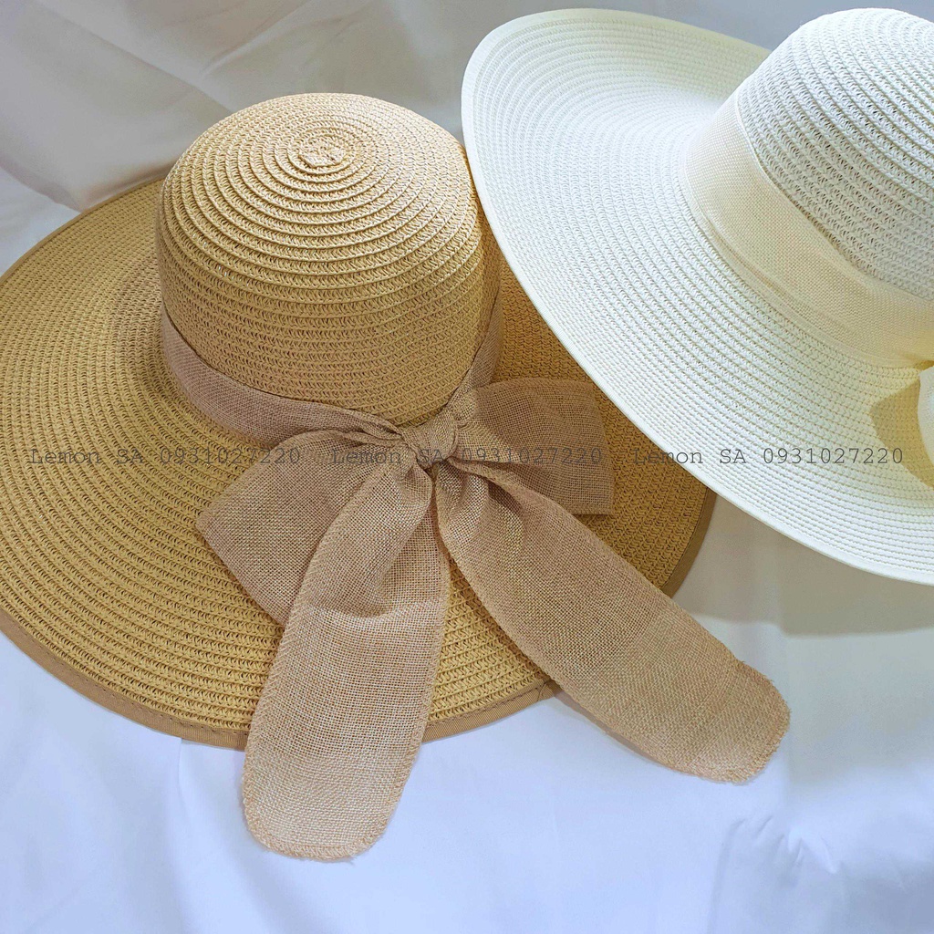 Mũ nón cói nữ rộng vành loại đại đi biển chống nắng phối nơ xinh xắn vành rộng 12cm, có hình thật, video - Mã CO008
