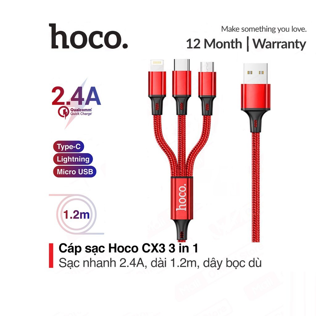 Cáp sạc đa năng 3 đầu Hoco CX3 Lightning/Micro/Type-C sạc nhanh 2.1A chất liệu nylon chống đứt dài 1.2M