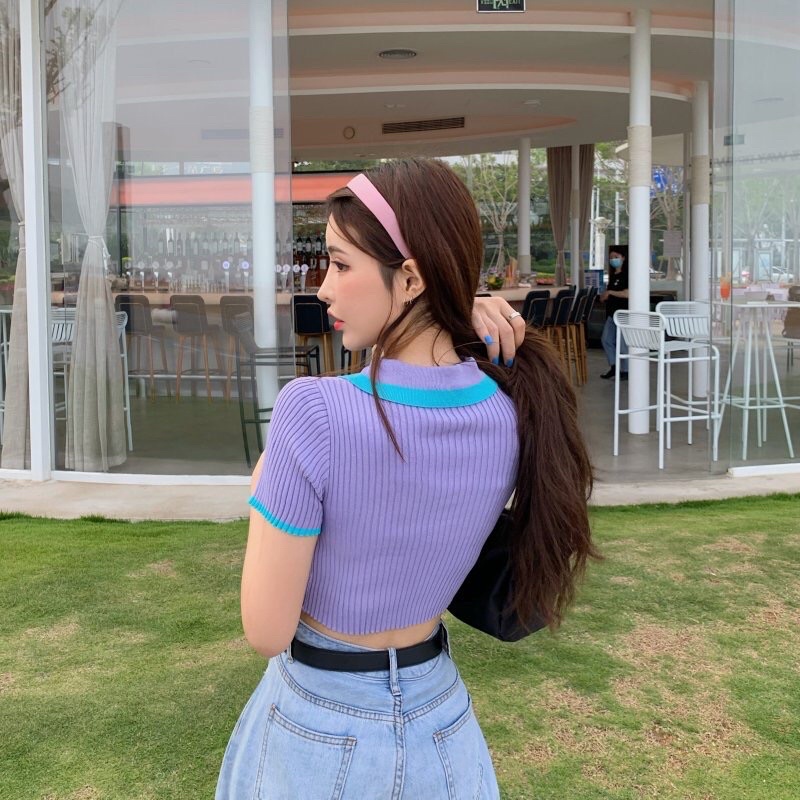 Biiz Top - Áo croptop polo viền cổ cho nữ Purple heart | BigBuy360 - bigbuy360.vn