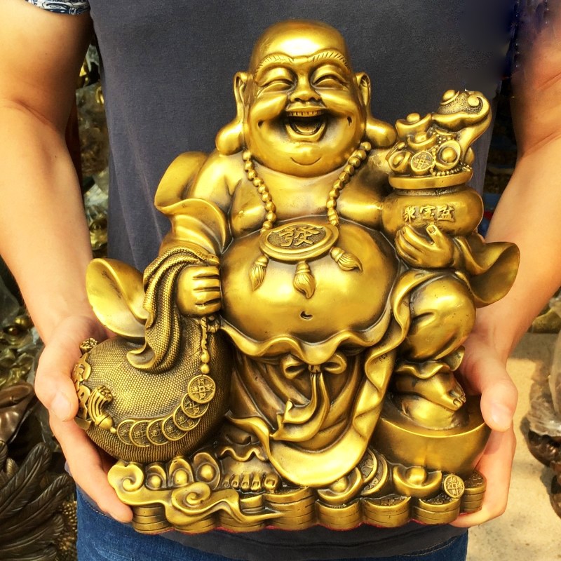 Tượng Phật Di Lặc kéo bao tiền bằng đồng thau phong thủy Hồng Thắng
