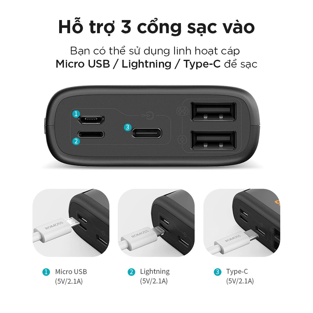 Pin sạc dự phòng Romoss Ares 20 20.000mAh LED 3 cổng input Micro - Lightning - Type C - Hãng phân phối chính thức