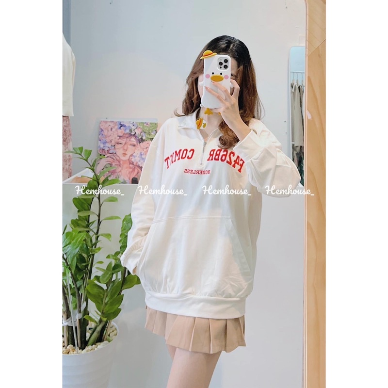 Set áo nỉ sweater thêu chữ kèm chan váy xếp ly nâu