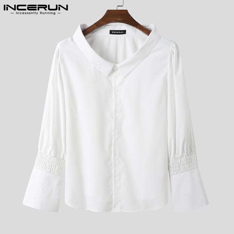 Áo sơ mi nam INCERUN tay dài phồng dáng rộng cài nút màu trơn thời trang vintage