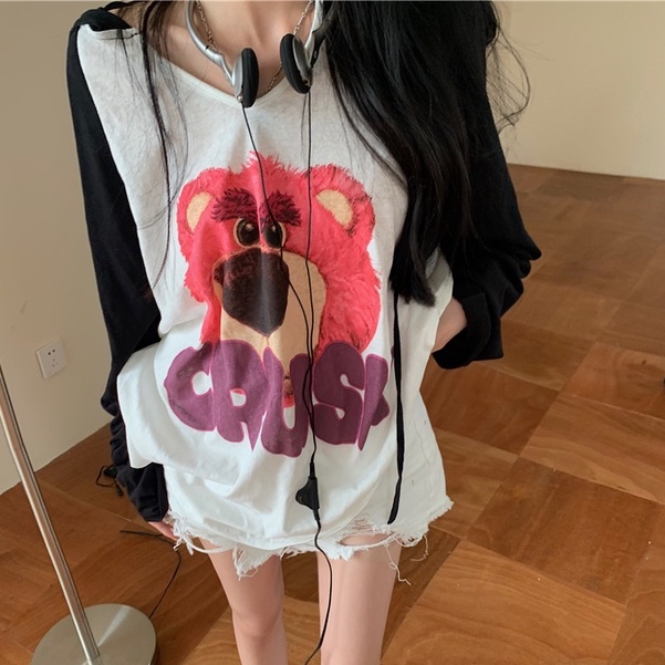 Áo Hoodie Tay Dài Chống Nắng Mỏng Dáng Rộng In Họa Tiết Hoạt Hình Phối Màu Cá Tính Thời Trang Hàn Quốc Cho Nữ