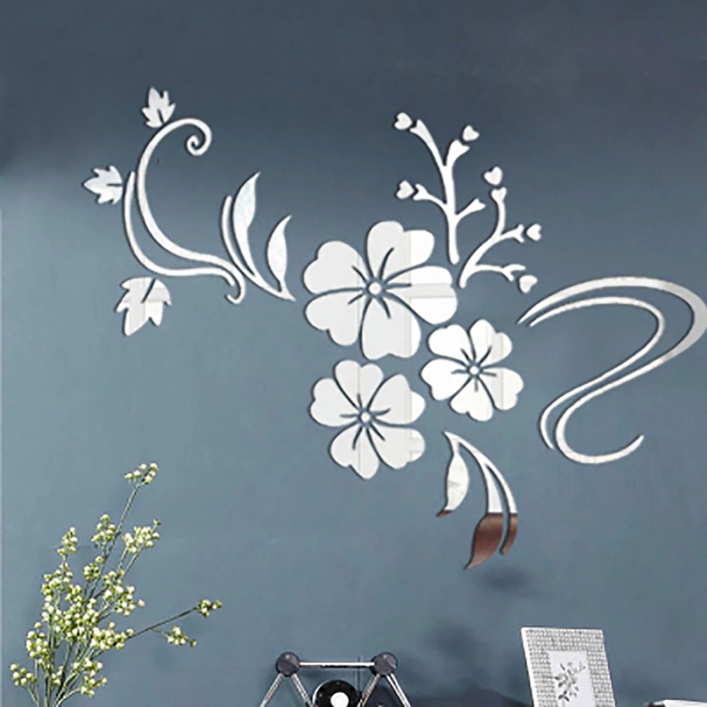 Miếng dán tường acrylic hình bông hoa lớn 3d tráng gương màu bạc đẹp mắt trang trí nội thất nhà cửa