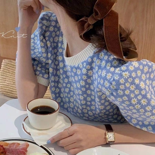 Kii Wii Hàn Quốc Daisy Cổ Tròn Ngắn Nữ Crop Top Bong Bóng Tay Ngắn Dệt Kim Áo Top