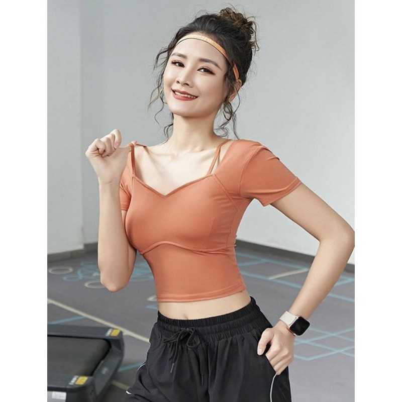 Áo Croptop tập gym ngắn tay 015 dây vai KMA có đệm ngực hàng nhập cao cấp