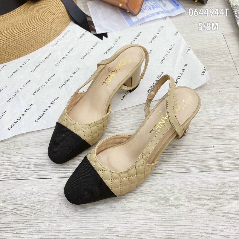 Giày Sandal Nữ Cao Gót Vuông 5cm Mũi Đen Trần Trám