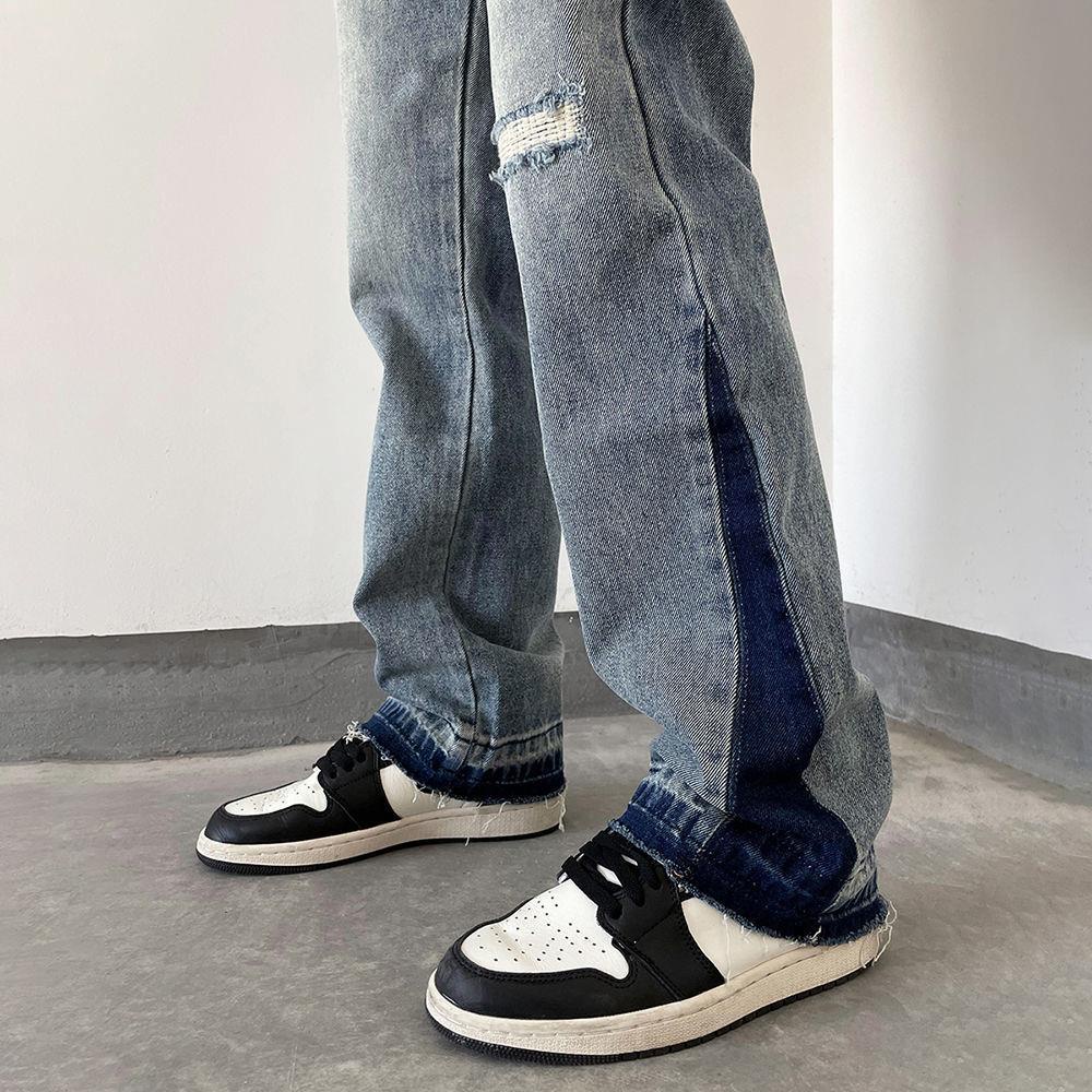 Quần jeans dài ống loe phối vết rách phong cách đường phố retro cá tính dành cho nam