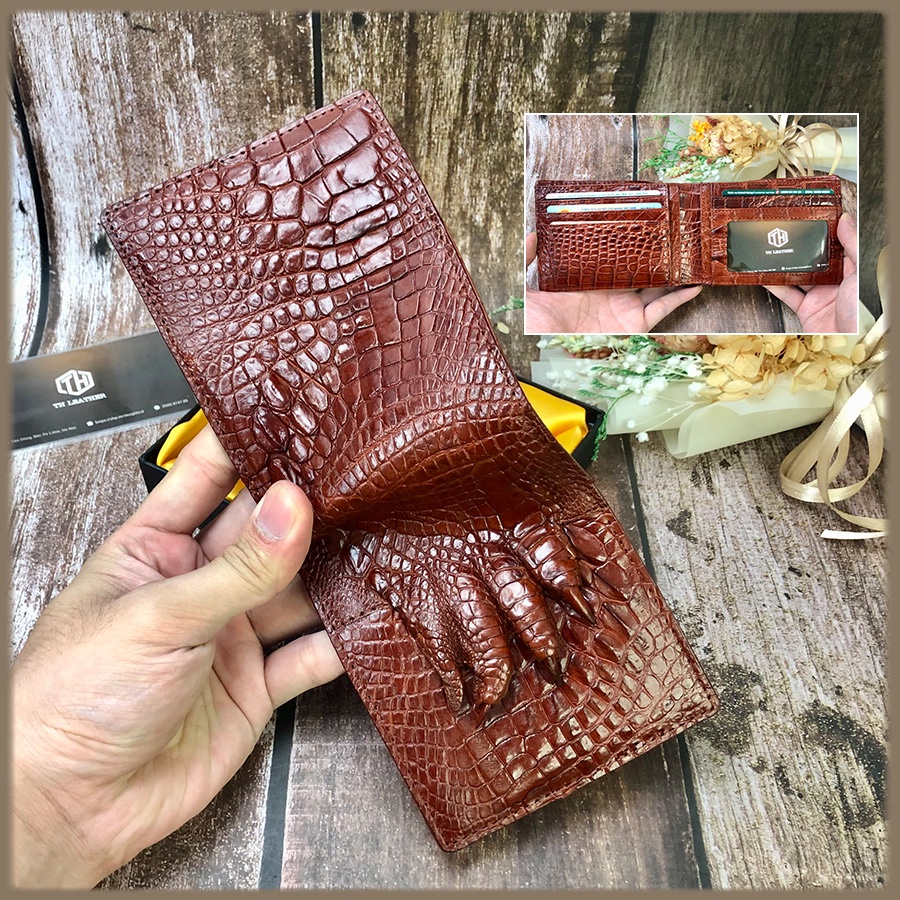 Ví Da Tay Cá Sấu 2 Mặt, Bóp Nam Da Cá Sấu Thật Màu Nâu Đỏ, Da Cá Sấu Đúng Tuổi Siêu Mềm, Kiểu Dáng Ngang, BH 24 tháng