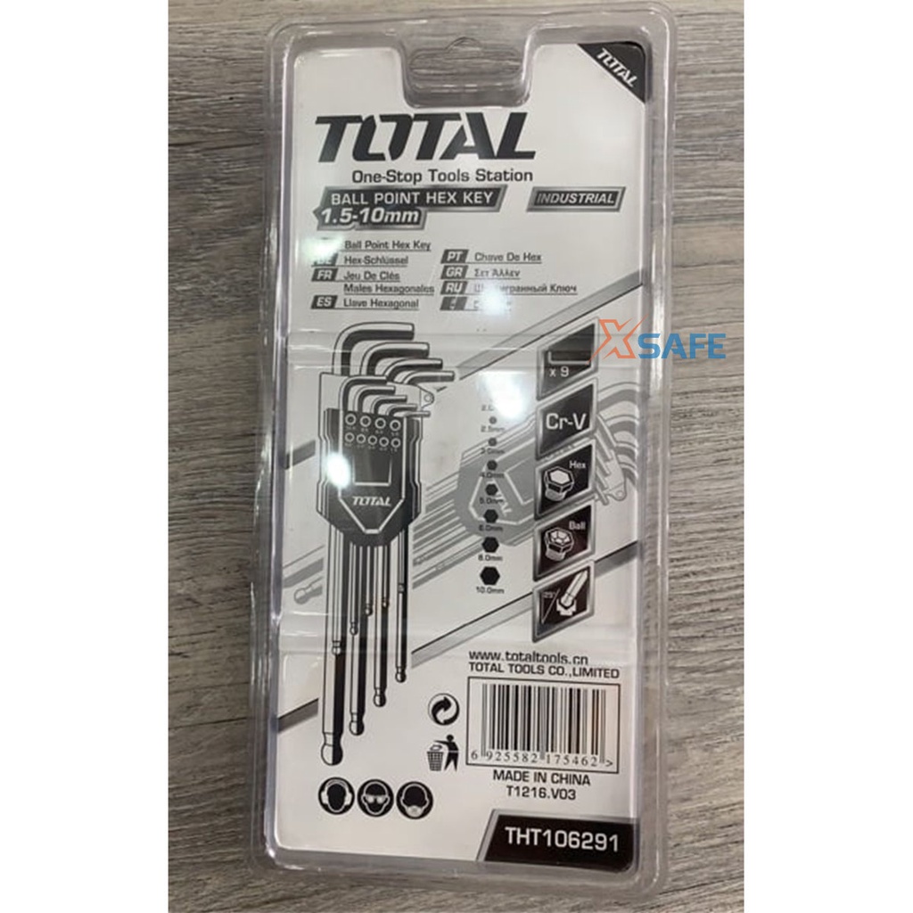Bộ khóa lục giác bi dài TOTAL THT106291 1 đầu bằng, 1 đầu bi Lục giác thép Cr-V chắc chắn bền bỉ không gỉ sét nhỏ gọn
