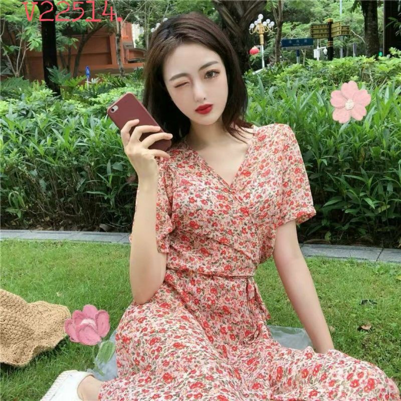 ĐẦM MIDI HOA HỒNG CỔ ĐẮP CHÉO 🌼