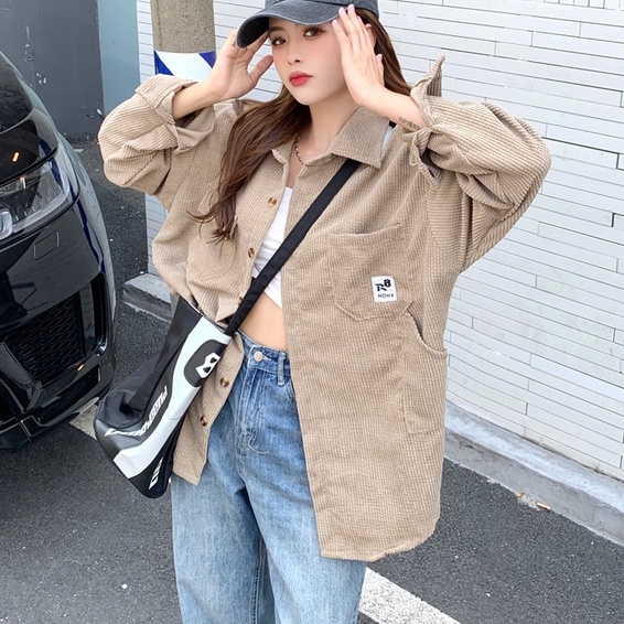 ZHELIHANGFEI Áo Sơ Mi Dài Tay Dáng Rộng Phối Túi Cá Tính Theo Phong Cách Nhật Bản