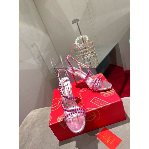 Sandal cao gót quai ngang quấn dây nhỏ đính đinh thương hiệu Louboutin cao cấp da thật