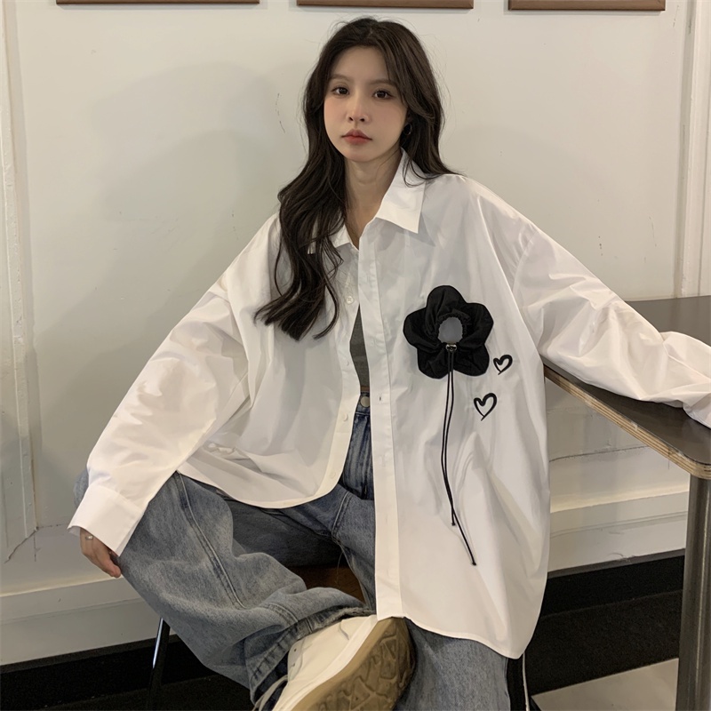 Áo sơ mi ZHELIHANGFEI tay dài dáng rộng thêu họa tiết hoa xinh xắn dễ phối đồ