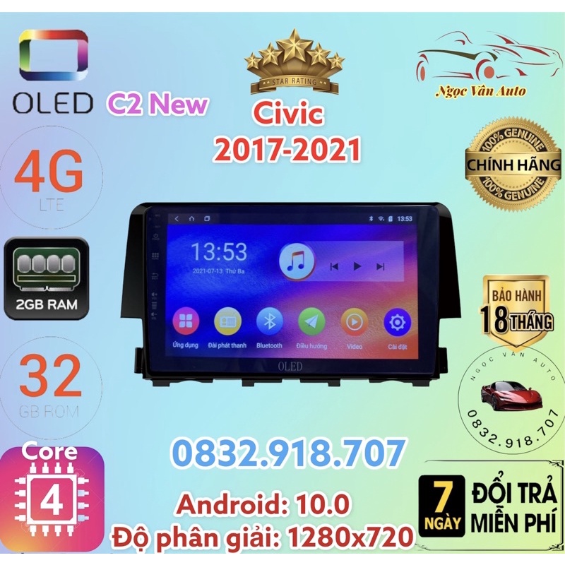 Màn Hình Android OLED C2 Theo Xe HONDA CIVIC 2017 - 2021, 9 inch kèm dưỡng và canbus + jack zin theo xe