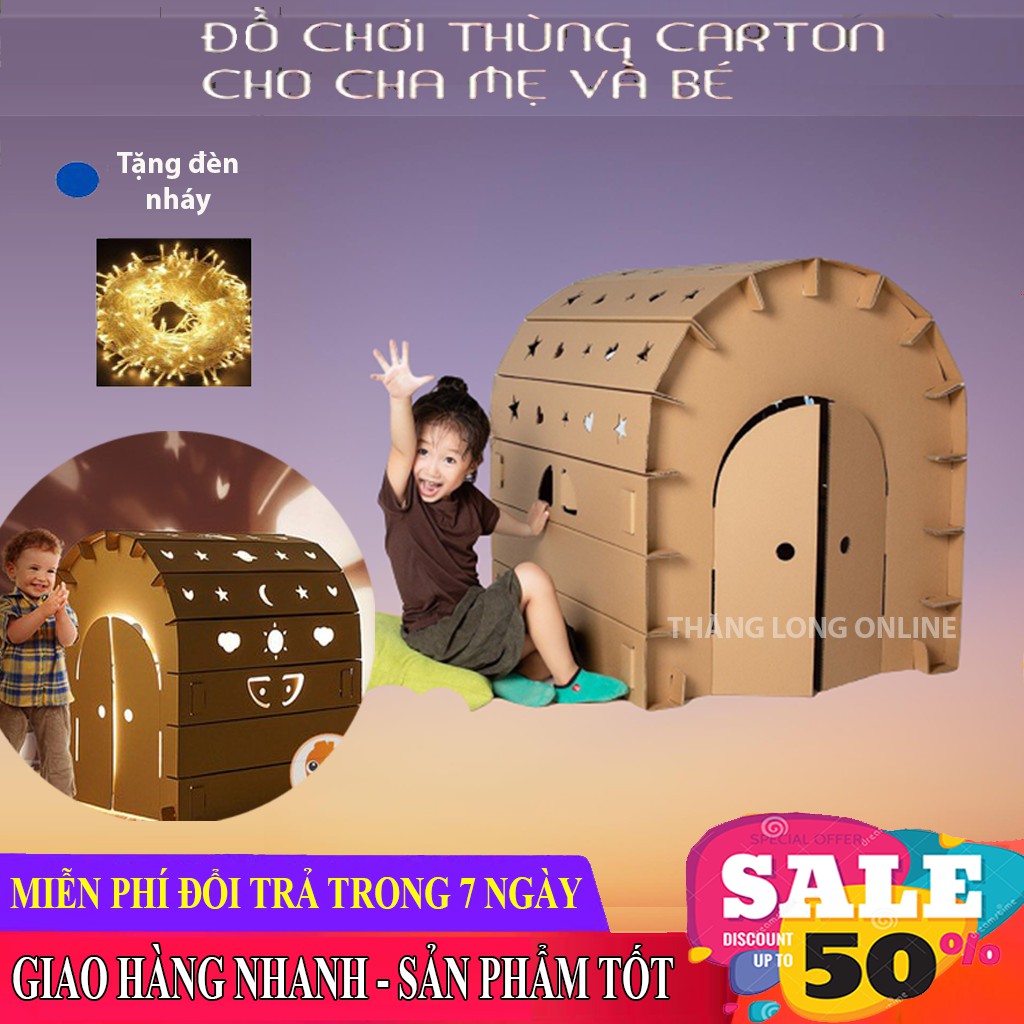 Đồ Chơi Mô Hình Lắp Ghép Nhà Giấy Carton Cho Bé Cửa 5 Lớp Chắc Chắn - Hỗ Trợ Phát Triển Tư Duy Sáng Tạo - Tặng Đèn Nháy