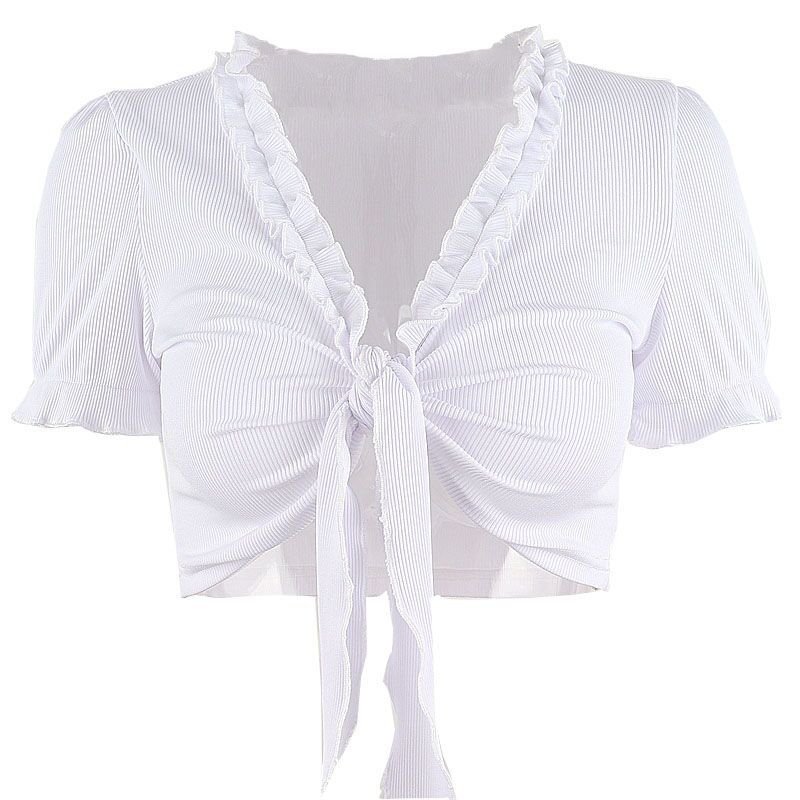 Áo Thun Tay Ngắn Phối Bèo Thiết Kế Cổ Chữ V Nữ Tính