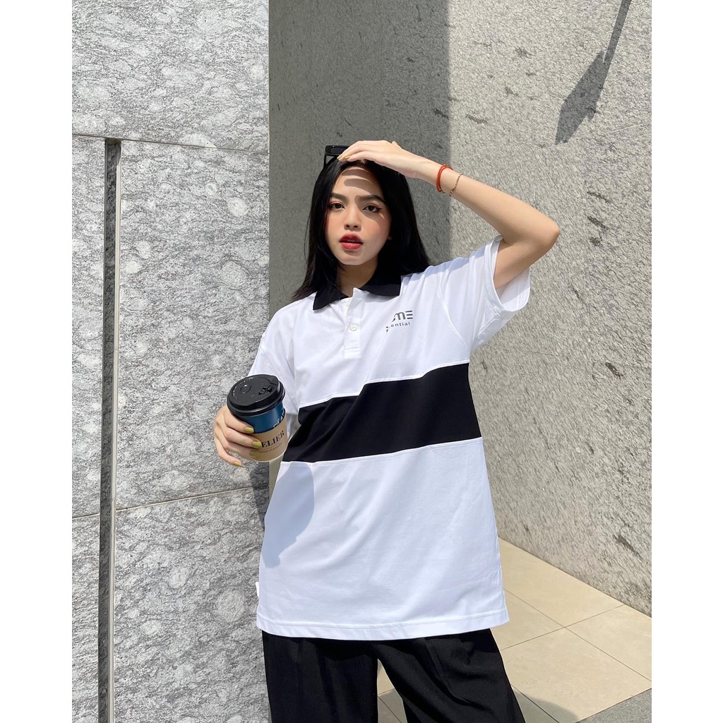 Áo polo trắng phối thân đen nam/nữ vải thun cá sấu 100% cotton