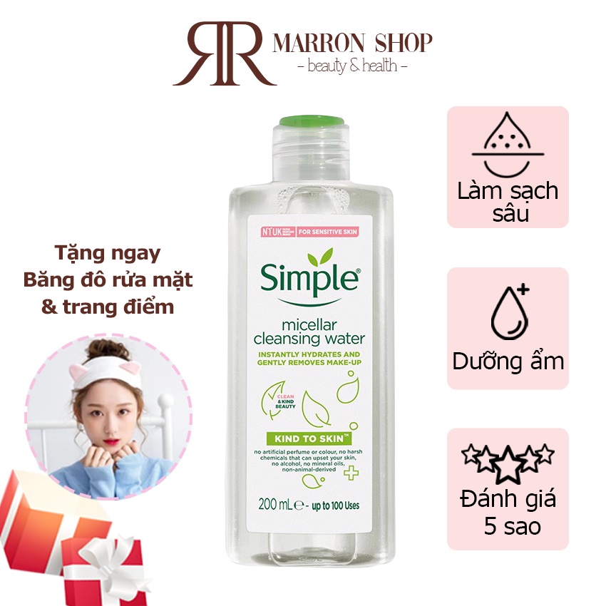 Nước tẩy trang Simple, nước tẩy trang không cồn Micellar Cleansing Water 200ml