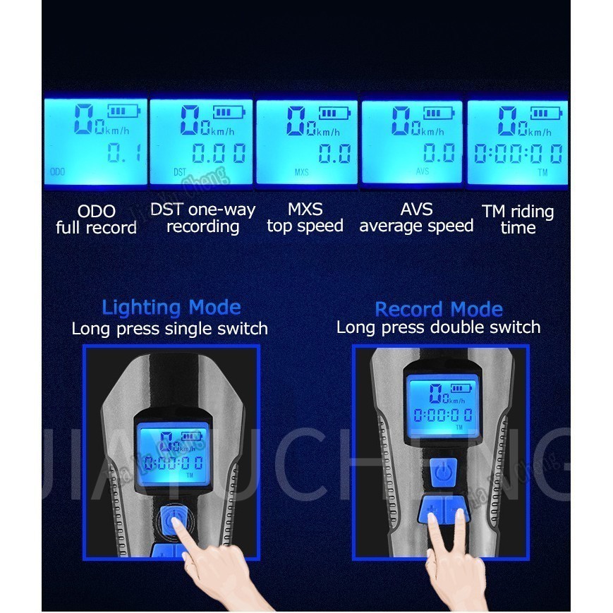 Đèn LED gắn xe đạp thiết kế ba trong một với đồng hồ tốc độ và còi