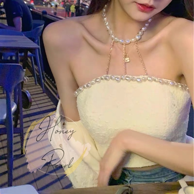 SET ĐỒ ĐI CHƠI SANG CHẢNH - ÁO TWEED CROPTOP KÈM DÂY CHOKER CỔ PHỐI CHÂN VÁY ĐEN ĐÍNH ĐÁ