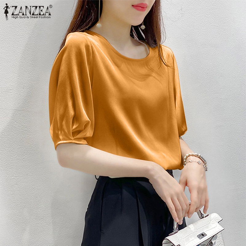 Zanzea Áo Sơ Mi Tay Lửng Cổ Tròn Màu Trơn Thời Trang Dành Cho Nữ