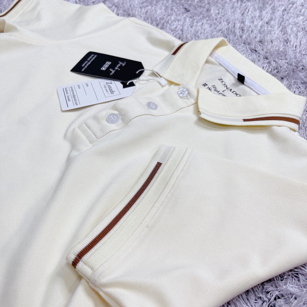Áo polo nam cao cấp vải cotton dệt kim màu kem co dãn 4 chiều, Phối viền nâu sang trọng lịch lãm A03 - ZONADO