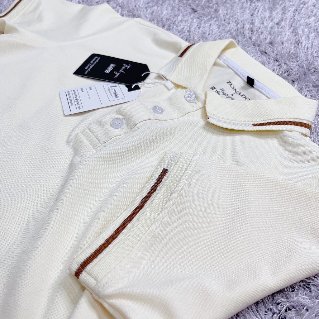 Áo polo nam cao cấp vải cotton dệt kim màu kem co dãn 4 chiều, Phối viền nâu sang trọng lịch lãm A03 - ZONADO | BigBuy360 - bigbuy360.vn