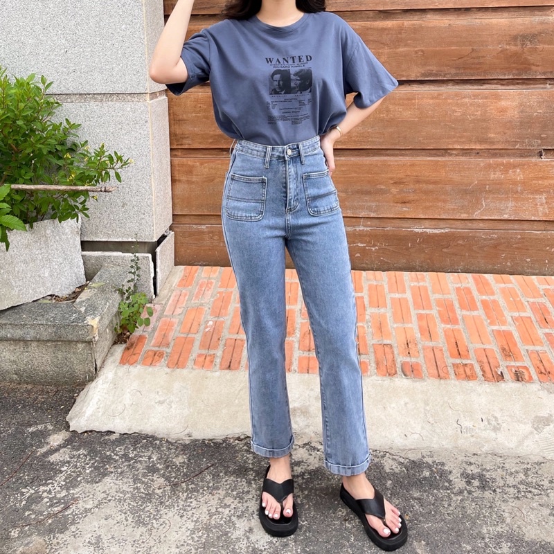 Surichau - Quần jeans suông 2 túi trước dáng đứng