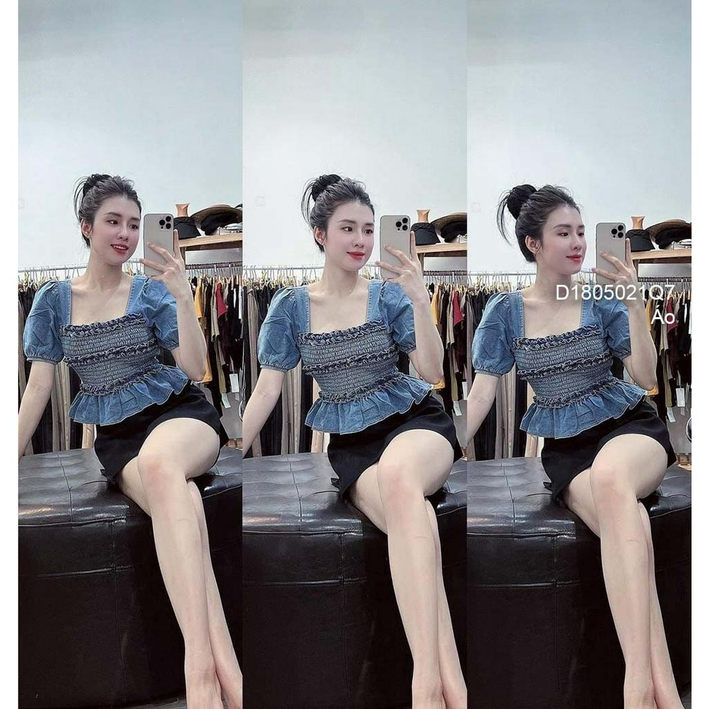 Áo kiểu jean nhún chun thân phối viền bèo cổ vuông tay ngắn hàng đẹp!