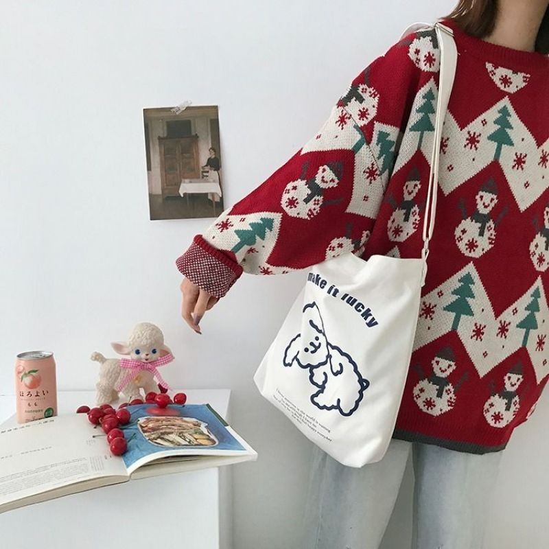 Túi đeo vai vải canvas sức chứa lớn phong cách Hàn Quốc xinh xắn dành cho nữ