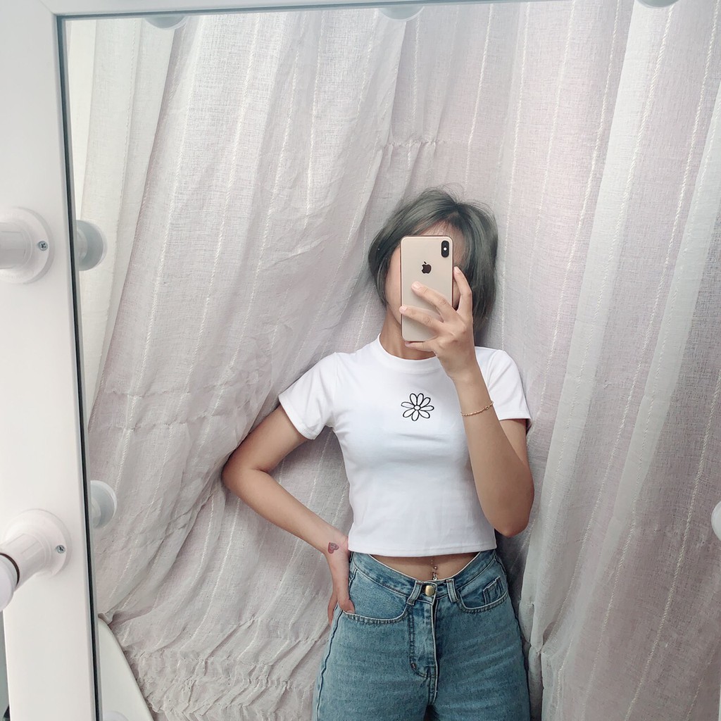 [HÌNH THẬT] ÁO THUN CROPTOP ÔM BODY NGẮN THÊU HOA CÚC BASIC - ÁO KIỂU CRT ULZANG TRƠN 87