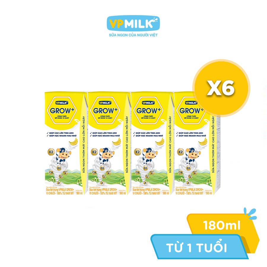 Combo 6 lốc sữa tiệt trùng VPMilk Grow+ vị chuối 180ml (lốc 4 hộp x 6)
