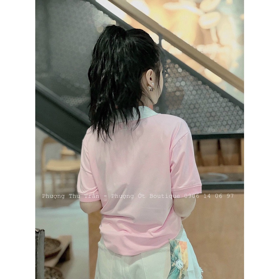APN192 - ÁO POLO HỒNG CỔ TRẮNG THÊU NY CHO NỮ