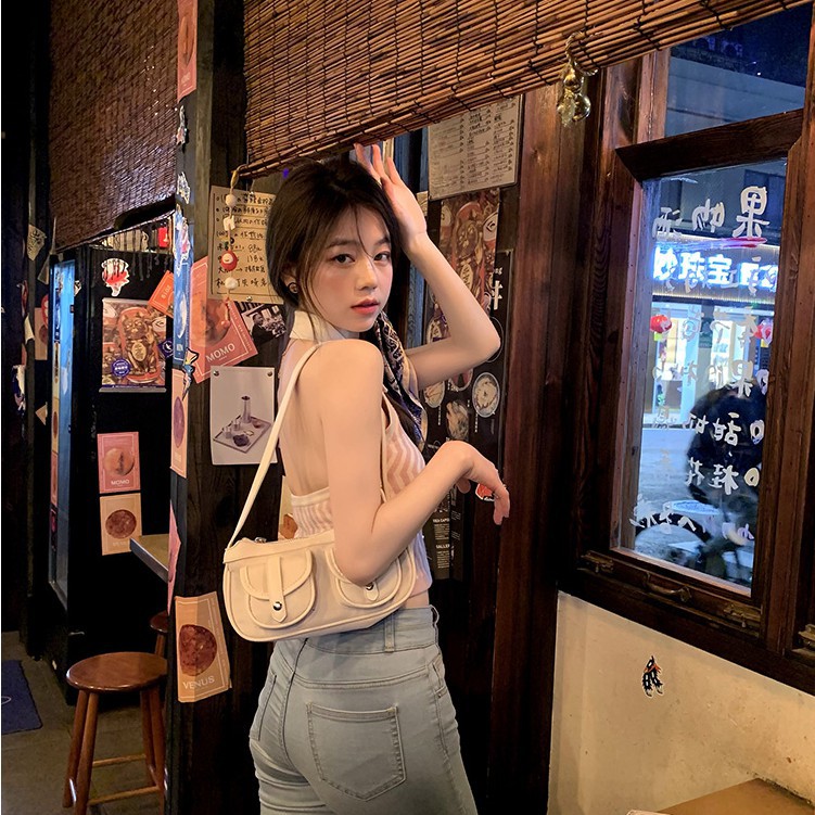 QADCOL Áo dệt kim QADCOL sát nách dáng ngắn cổ lật chữ V kẻ sọc gợi cảm