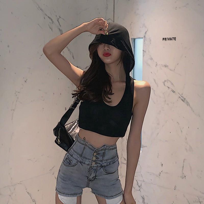 Women's Korean Style Fashion Sexy Solid All-match Casual Hooded Collar Camisole