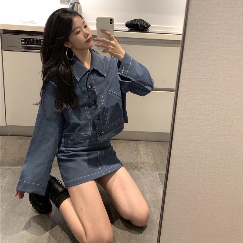2023 Set Áo Denim Ngắn + Chân Váy Chữ A Thời Trang Mới Cho Nữ