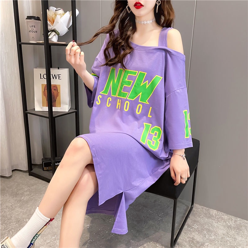 Đầm Thun Hở Vai Tay Ngắn Phong Cách Mới Mùa Hè Cỡ Lớn 300 Jin Cho Nữ 240