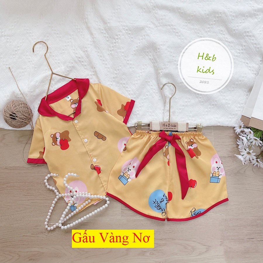 [16KG-35KG] Bộ Mặc Nhà Pijama Lụa Phối Nơ Cao Cấp Tay Cộc Cho Bé Gái - Chất Liệu Lụa mềm Mịn Thoáng Mát