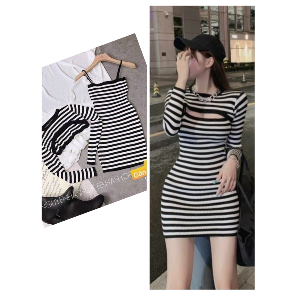 Sét đầm 2 dây ôm body + áo khoác chất thun Gân dày dặn co giãn 4 chiều Siu Hót