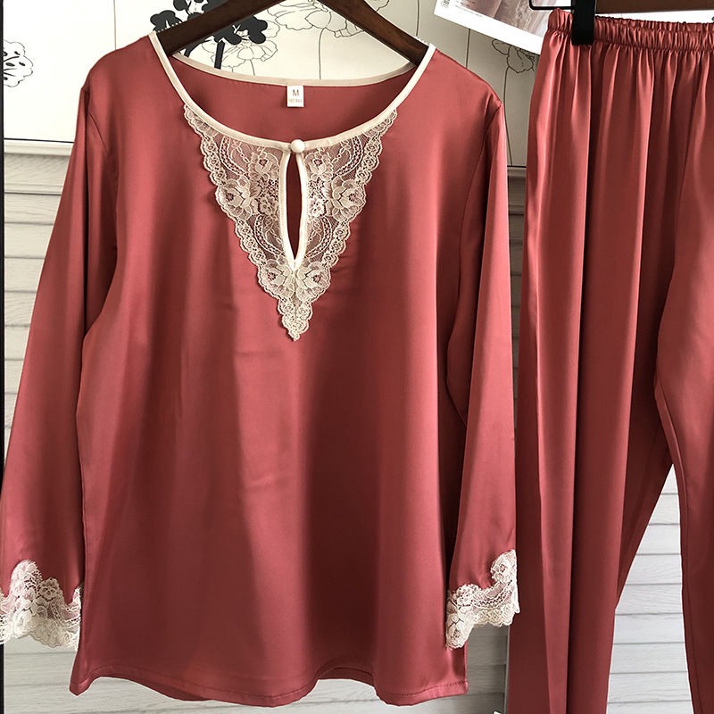 Bộ Đồ Ngủ Pijama Dài Tay Cổ Chữ V Phối Ren Cho Nữ