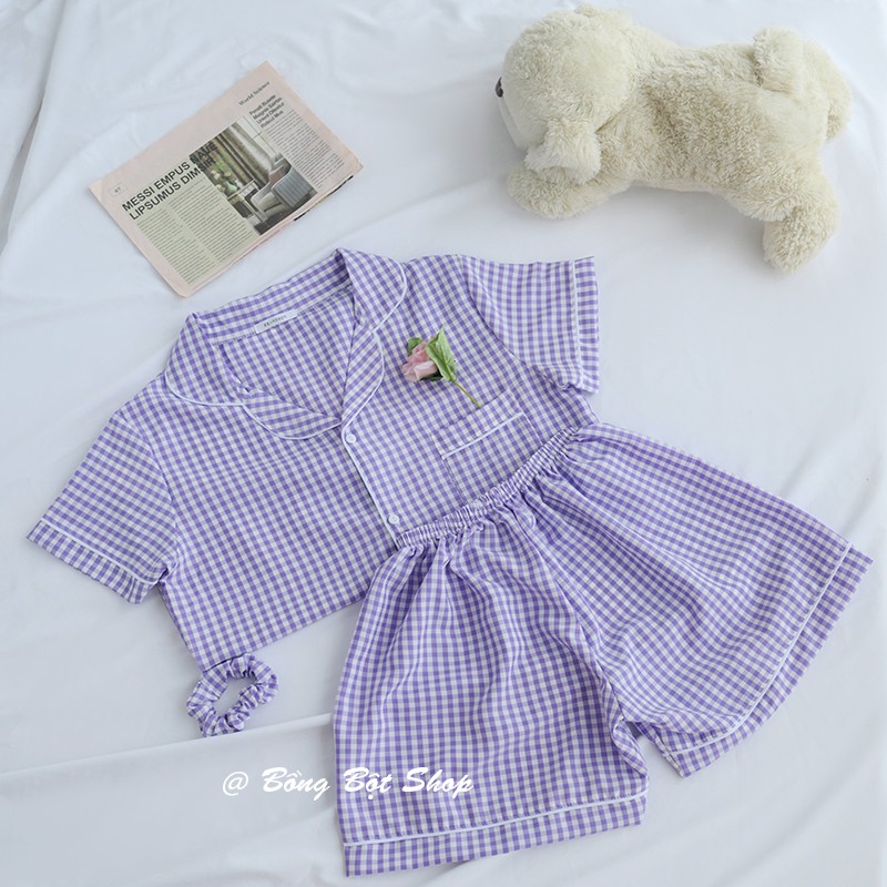 BỘ ĐỒ NGỦ MẶC NHÀ THÔ KẺ CARO HOT TREND 2021 (TẶNG KÈM SCRUNCHIES)