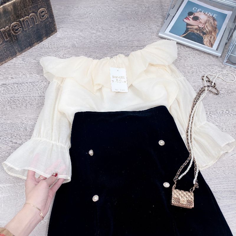 😊 Ưng lắm nha ☺️☺️Set áo trễ vai tơ nhũ 2 lớp bánh bèo mix chân váy nhung 4 cúc cực xinh