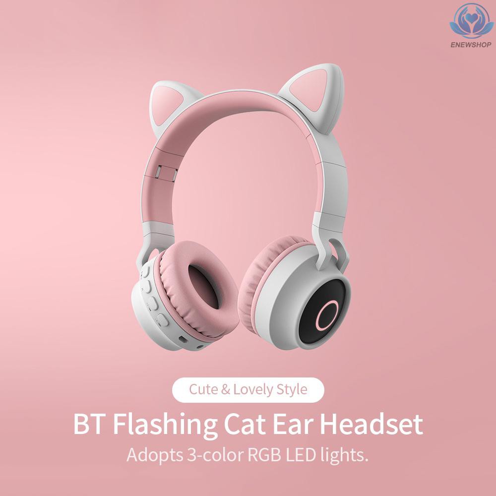 【enew】LED Cat Ear Headset RGB 3-Color Lights Noise Cancelling Headphones BT 5.0 Kids Earphone Support TF Card Radio 3.5mm Plug Blue