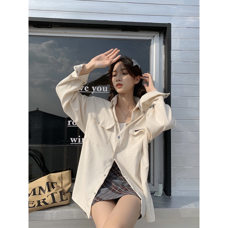 Áo Sơ Mi Nữ Dài Tay Cổ Bẻ Form Rộng Thời Trang Hàn